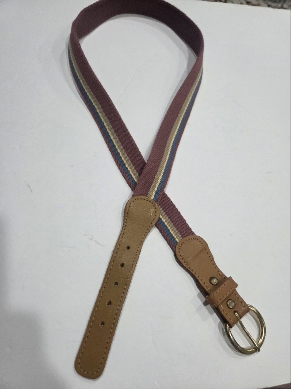 Women’s Burgundy Striped Fabric Belt W/ Tan Leather Trim Sz.M 34 In.